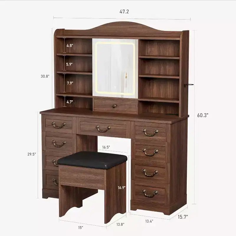 10-Drawer Vanity Desk with Mirror, Walnut Finish with 10 Shelves and Stool, for Bedroom, Easy Assembly