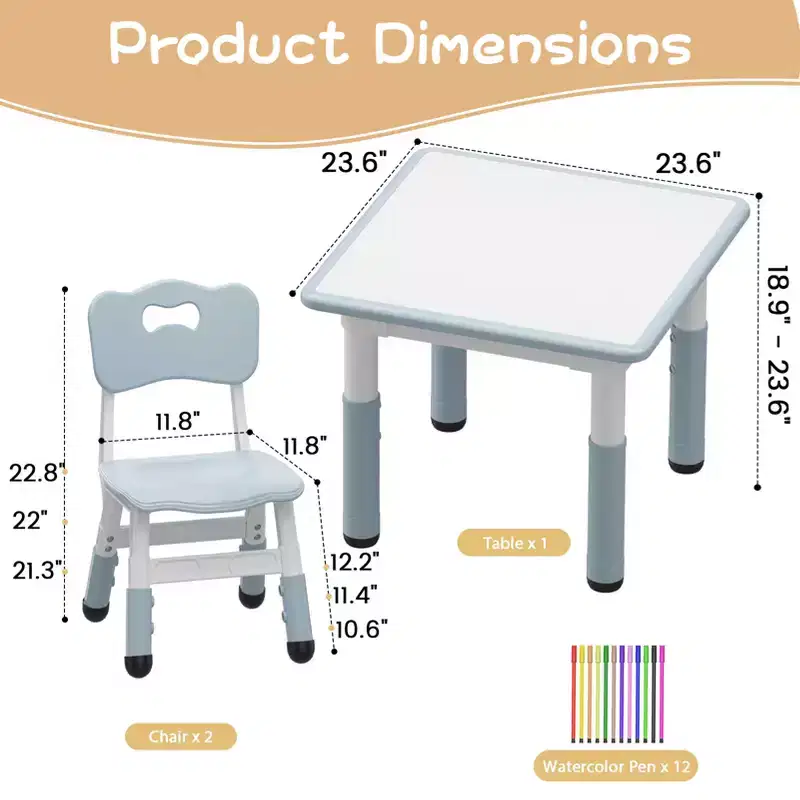 Height Adjustable Toddler Table and 2 Chairs Set, Kids Table and Chairs Set, Non-Slip Legs, Kids Activity Table for Home, Nursery