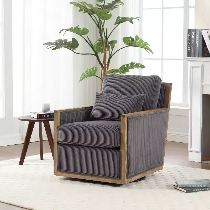 Swivel Accent Chair Round Barrel Armchair Upholstered Living Room Chair Corduroy Reading Chair Single Sofa Chair for Bedroom Apartment Office