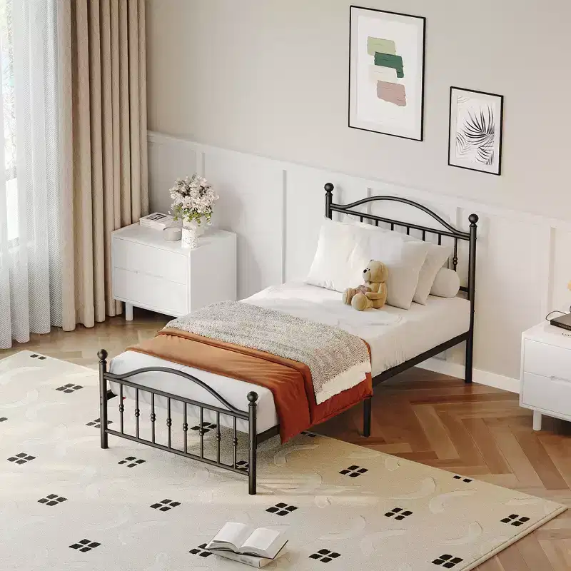 Metal Platform Bed Frame Vintage Circular Headboard & Footboard, No Box Spring Required, Choose Size, Black