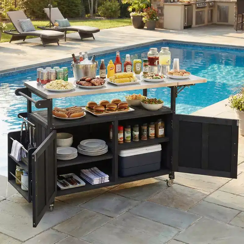 GDFStudio Mavis Foldable Outdoor Kitchen Island with Lockable Wheels