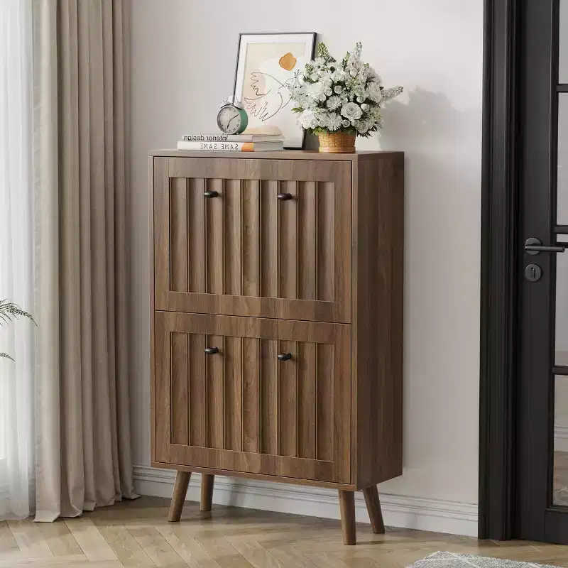 Modern Entryway Shoe Cabinet with Doors, Walnut Shoe Storage Cabinet, Small Shoe Racks for Hallway, Closet & Small Spaces-Panipeachy
