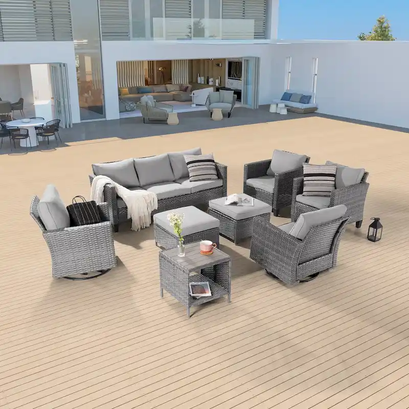 BONOSUKI 8Pcs Patio Conversation Swivel Rocking Sofa Set Grey Rattan