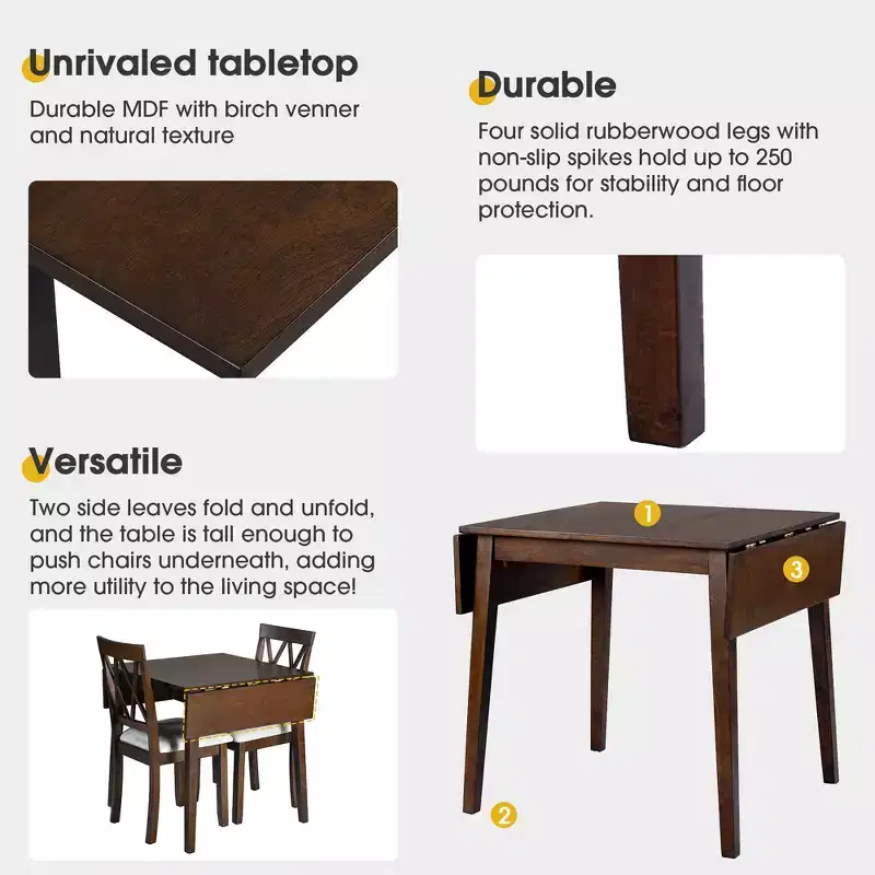 3 Piece Expandable Dining Set with 2 Upholstered Chairs, Wood Dining Table with Drop Leaf for Small Place