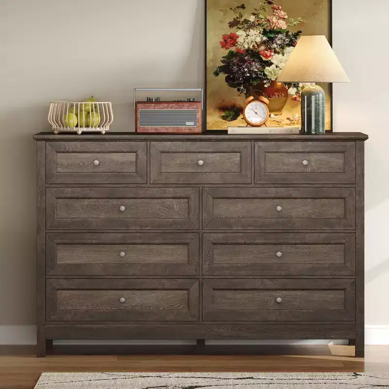9-Drawer Rustic Bedroom Dresser with Silver Handle – Minimalist Wooden Chest of Drawers for Bedroom & Entryway