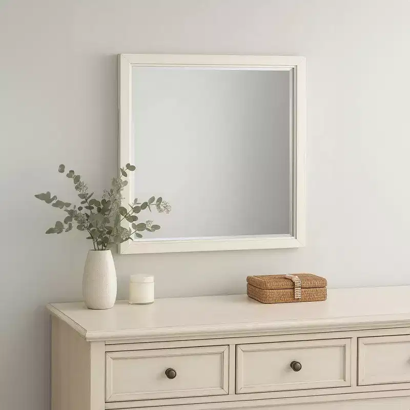 Royal Hampton Dresser Mirror, Beveled Glass, Antique White Finished Solid Wood, 38 Inch