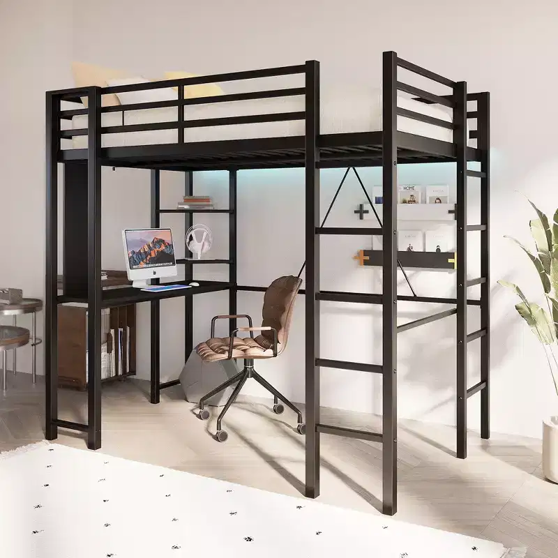 Celebalcony Loft Bed with Desk and Storage Shelves, Frame with 2 Side Ladders for Kids, Teens Adults,Space-Saving and Anti-tilt Design,Black