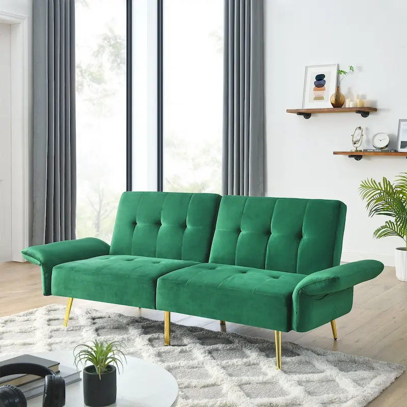 Italian Velvet Convertible Sleeper Sofa Bed with with Folded Armrests and Storage Bags
