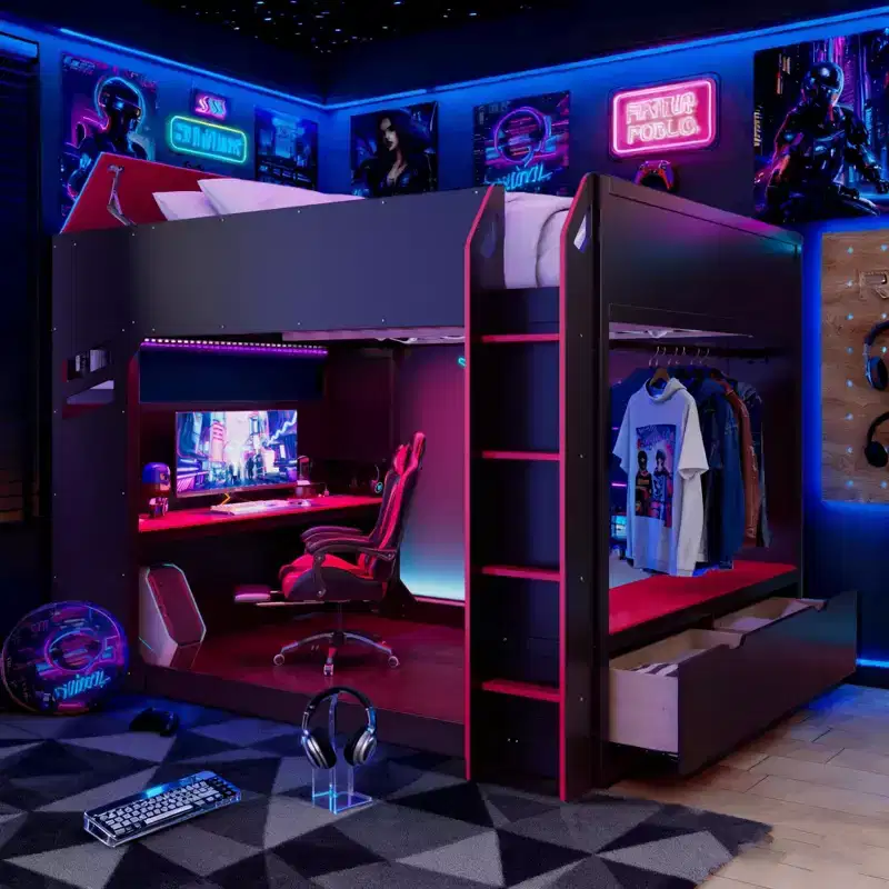 Loft Bed with Height-Adjustable Desk, RGB Lights and Storage, Full Size Space-Saving Bed for Teens & Adults