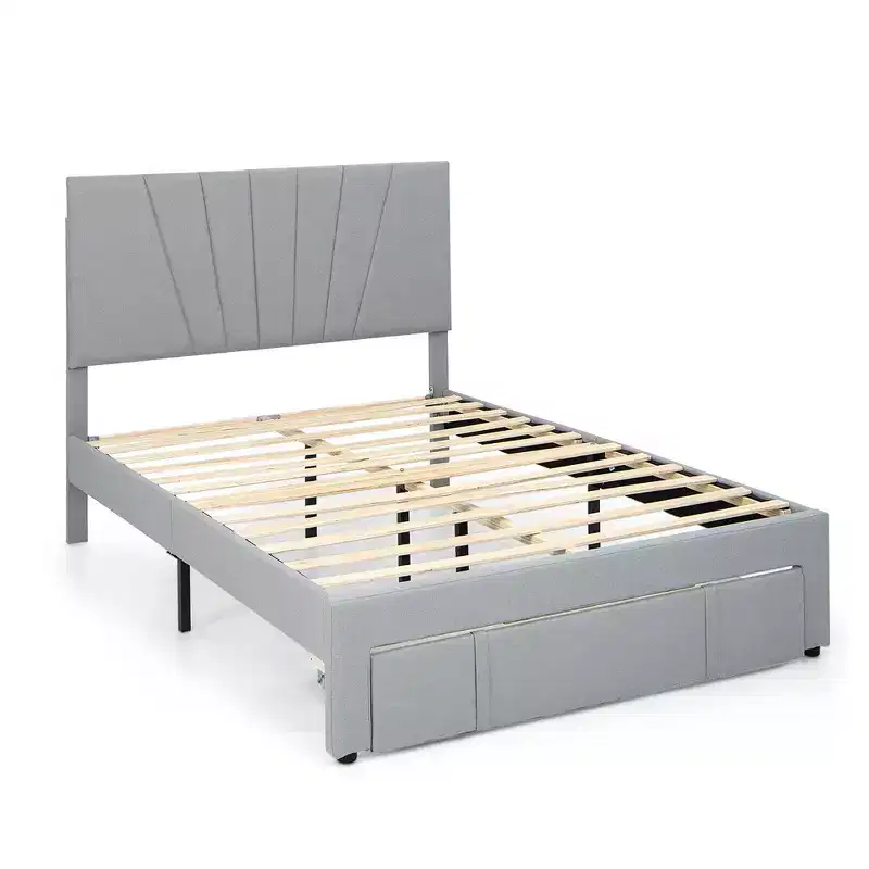 Costway Full/Queen Upholstered Bed Frame Platform Bed with Drawer & Adjustable Headboard Grey
