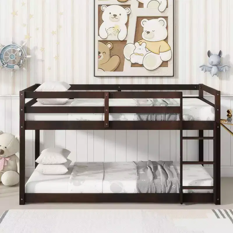 Okak Twin Over Twin Floor Bunk Bed with Ladder & Strengthened Slats,Modern Rubber Wood Bed Frame for Kids Room,Bedroom