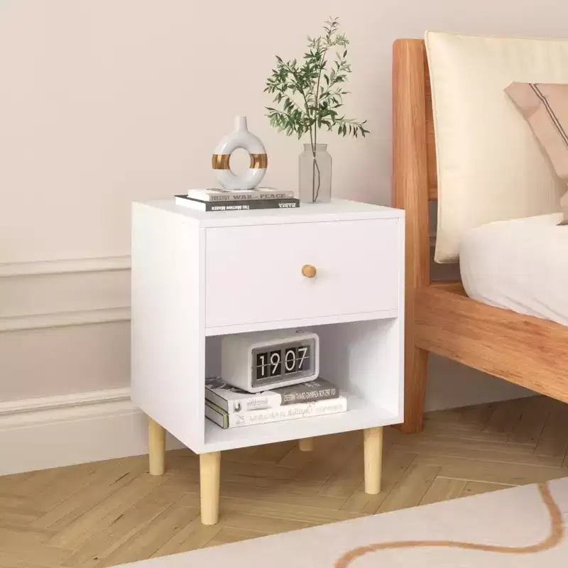 Kids Nightstand Wooden Nightstand End Table Side Table with Drawer&Shelf, White-ModernLuxe