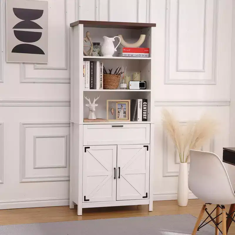 Tall Bookshelf with Drawer, White Bookshelf, 3-Tier Open Shelves, 2 Adjustable Shelves, Large Bookcase , Home