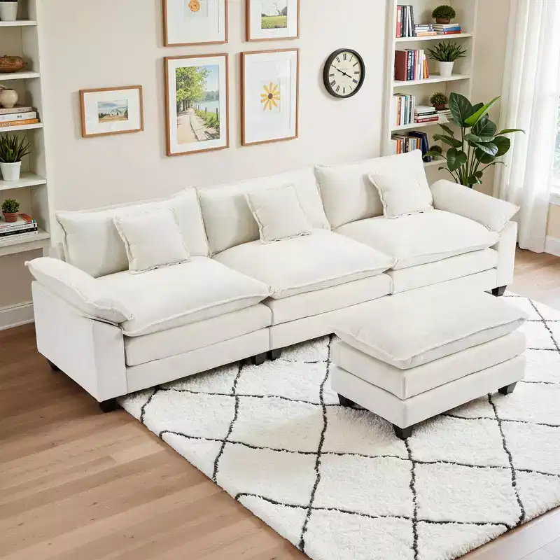 EHMKNP 112 L-Shaped Modular Sectional Sofa  Comfy Cloud Couch with Movable Ottoman, Deep Seat Cushions for Living Room