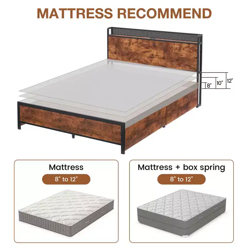 Bed Frame with Storage Drawers, LED Lights & Charging Station, Strong Wooden Slats