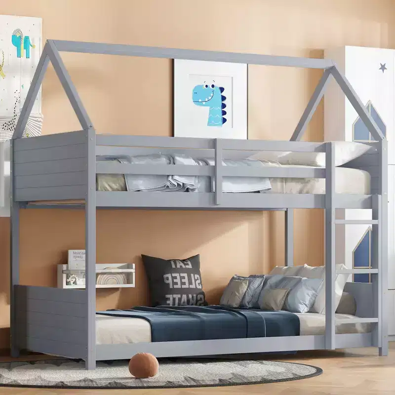 Twin Over Twin House Bunk Bed, Low Floor Wood Bunk Bed with Roof Frame, Guardrails & Ladder, Rubber Wood Kids Bed Frame