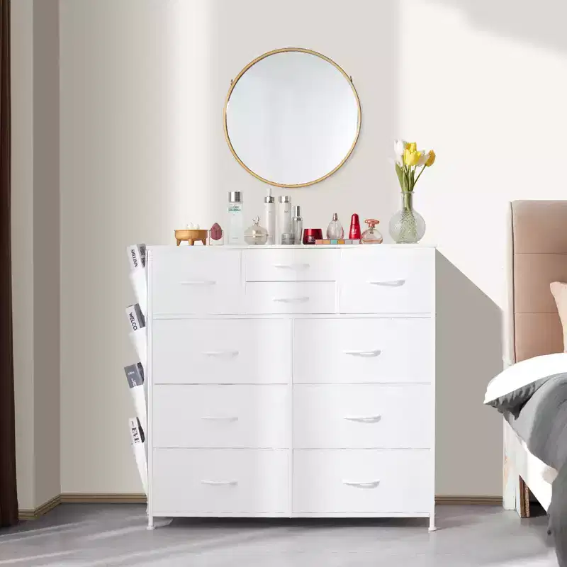 VEVOR 10 Drawer Dresser, Fabric Drawer Dresser with Fabric Bins, Closet Storage Drawers with Easy Pull Handle and Sturdy Steel Frame, White