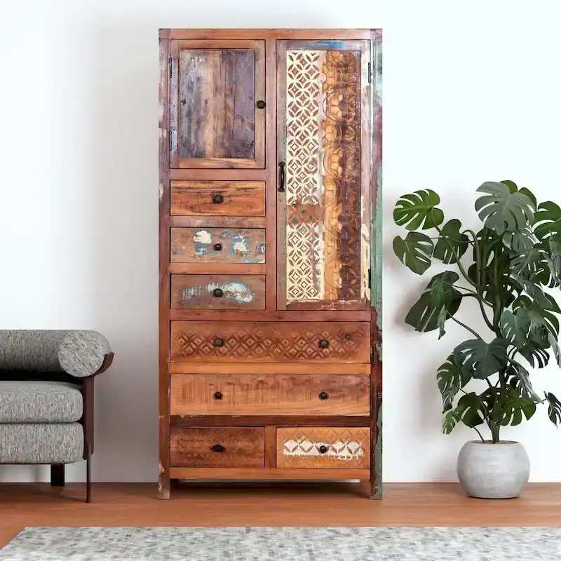 Antique White / Brown Solid Wood Armoire with 7 Drawers & 2 Doors