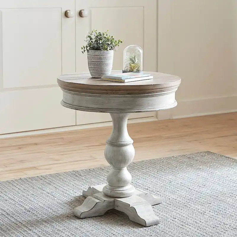 Round Pedestal Chair Side Table – Antique White Finish