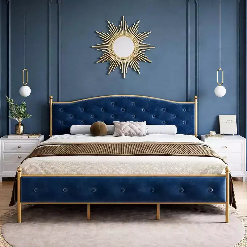 Full Bed Frame with Headboard, Velvet Upholstered, Heavy Duty Mattress Foundation, Wood Slats, No Box Spring, Easy Assembly, Gold and Blue