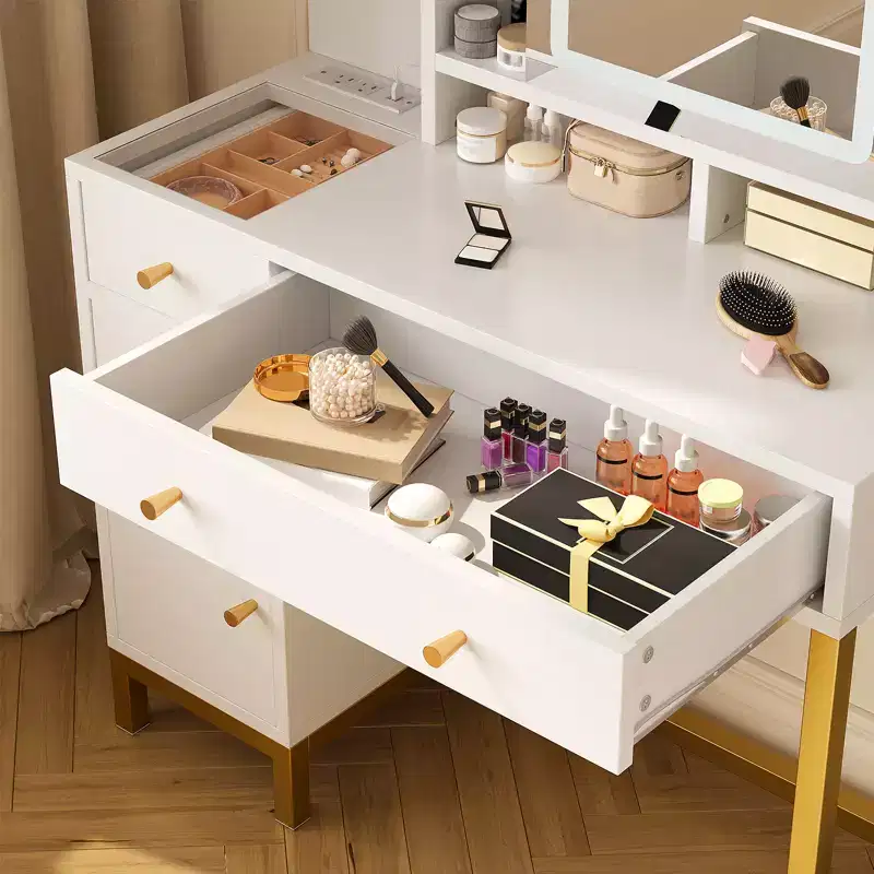 Vanity Desk with Lights, Makeup Vanity Desk, 3 Color Lighting Modes, Vanity Table with Drawers and Cabinets, Dressing Table with Power Outlet
