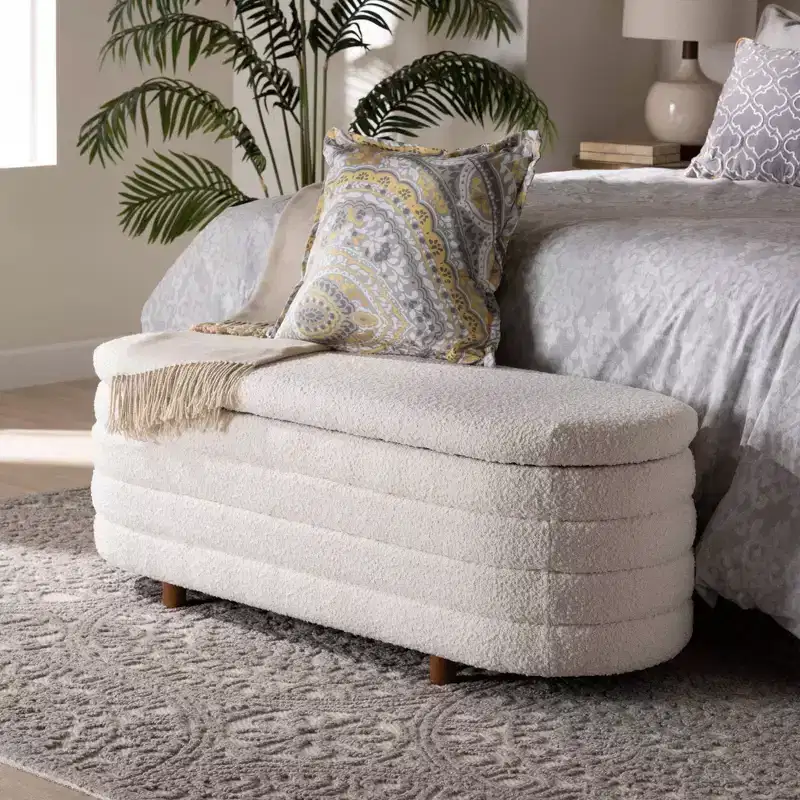 Japandi-Inspired Lift-Top Storage Bench, Cream Fabric Seat, Walnut Brown Wood Frame