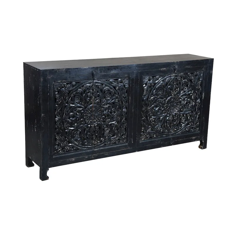 Black Handcarved 4-Door Sideboard Cabinet