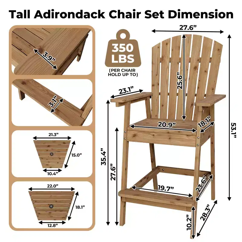 Outdoor Tall Adirondack Chairs Set of 4, Bar Height with Connecting Tray & Umbrella Hole, Solid Wood Patio Chairs for Deck Backyard