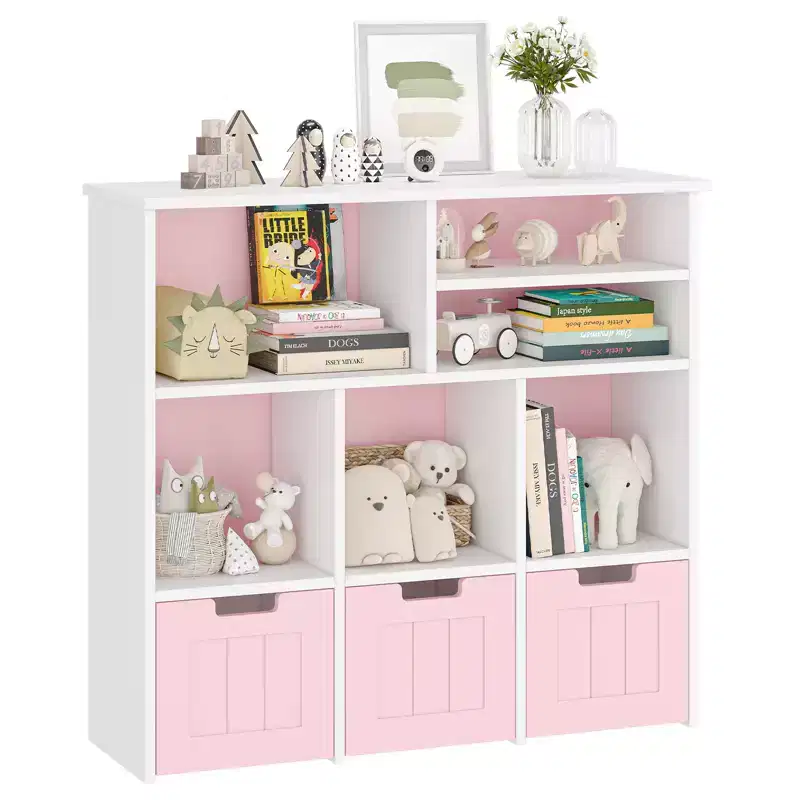 Kids Bookshelf with 3 Removable Drawers and 6 Storage Cabinets, Toddler Bookcase Toy Storage for Bedroom, Playroom, Nursery