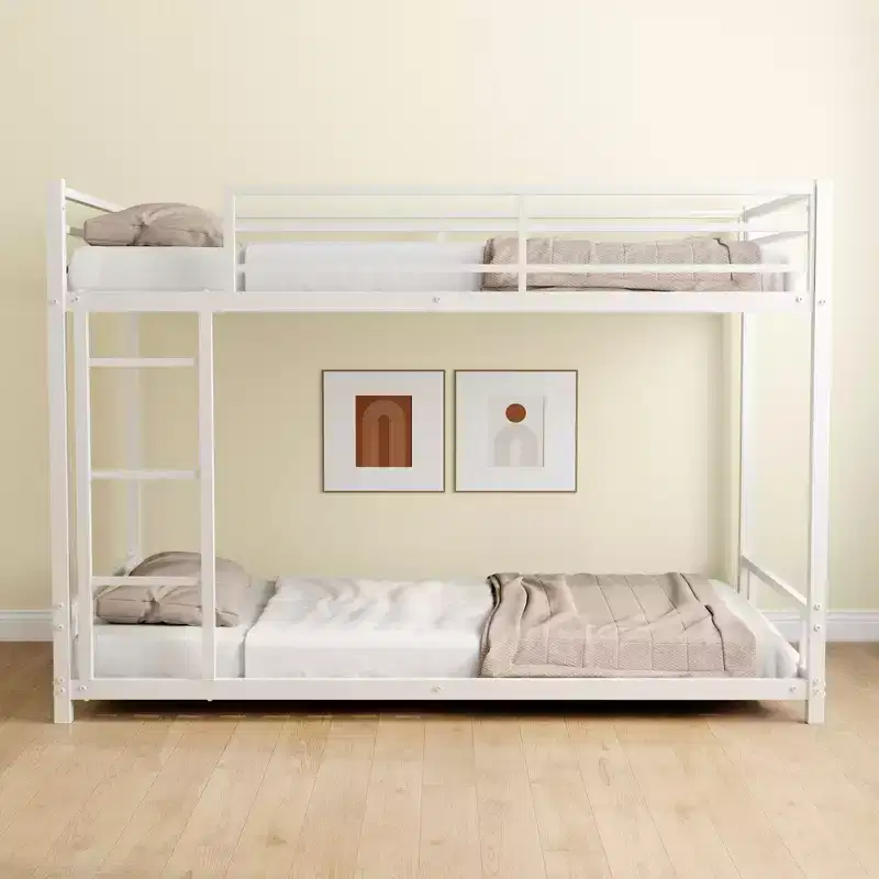 Okak Twin over Twin Metal Loft Bunk Bed Heavy Duty Bedframe with Ladder & Safety Guardrail for Adults Teens Noise Reduced Easy Assemble