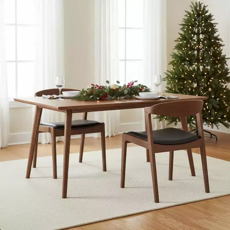 Homy Casa Set of 2 Mid-Century Modern Solid Wood Dining Chairs with Faux Leather Seat, Small Space, Holiday Gathering, Walnut and Black
