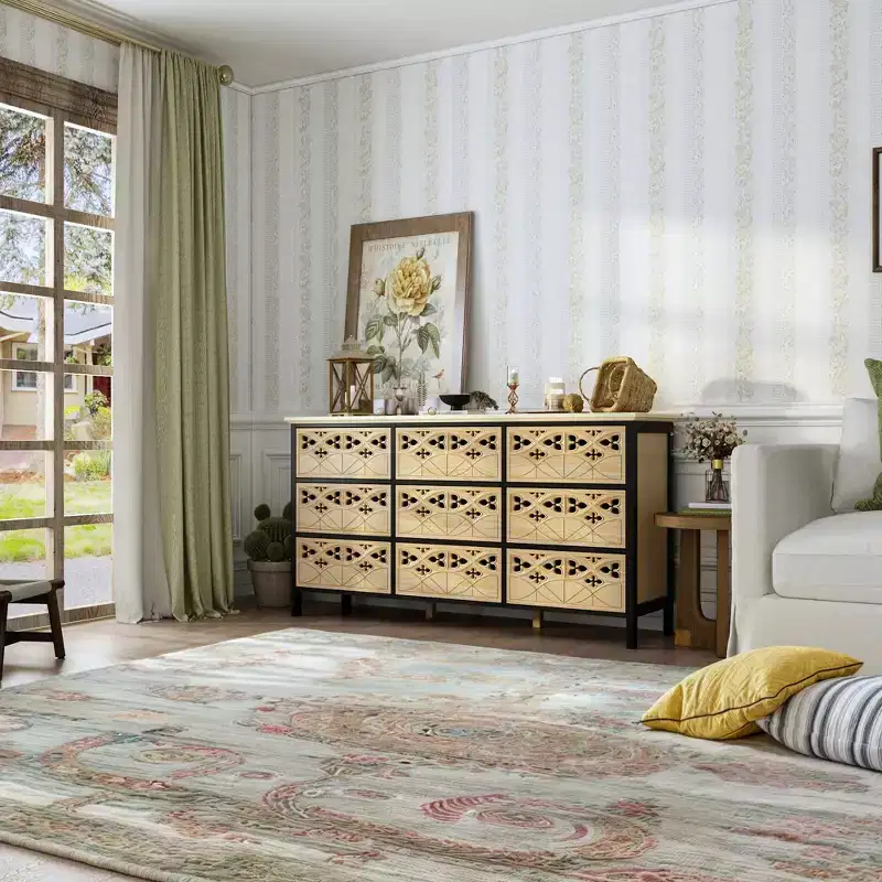 9-Drawer Chest,Dresser with Hollow Relief,Multi-Use Sideboard Buffet Table,Kitchen Pantry Cabinet,Bedroom/Dining/Living Room Art Piece