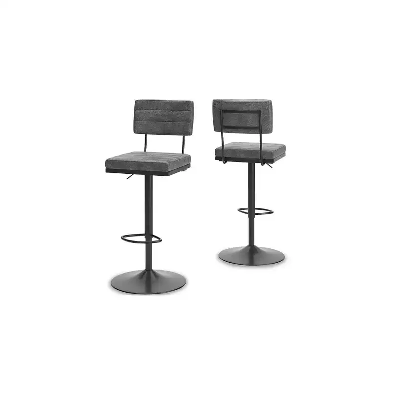 Bar Height Swivel Barstool Set of 2 Adjustable Height Faux Leather Gray Black Metal Frame