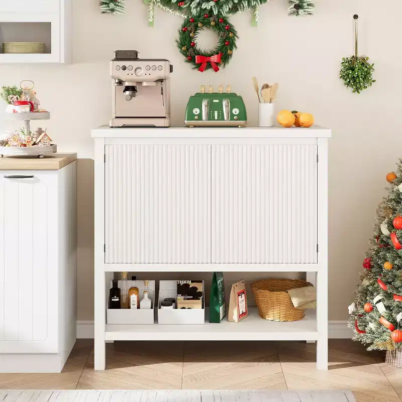 Farmhouse Console Table with Storage, Rustic White Entryway Table with Fluted Doors, Buffet Sideboard for Living Room