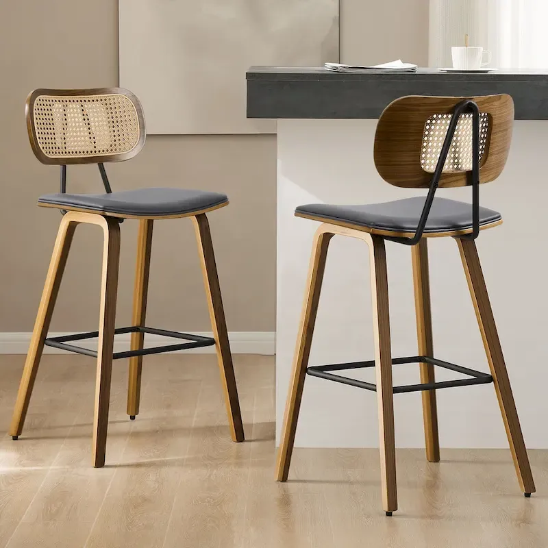 26-inch Wood Counter Height Bar Stools with Rattan Back
