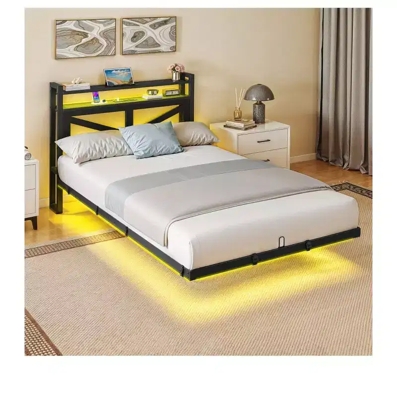 Twin Size LED Metal Floating Bed Frame with Charging Station For Bedroom,Heavy Duty Metal Platform Bed Frame