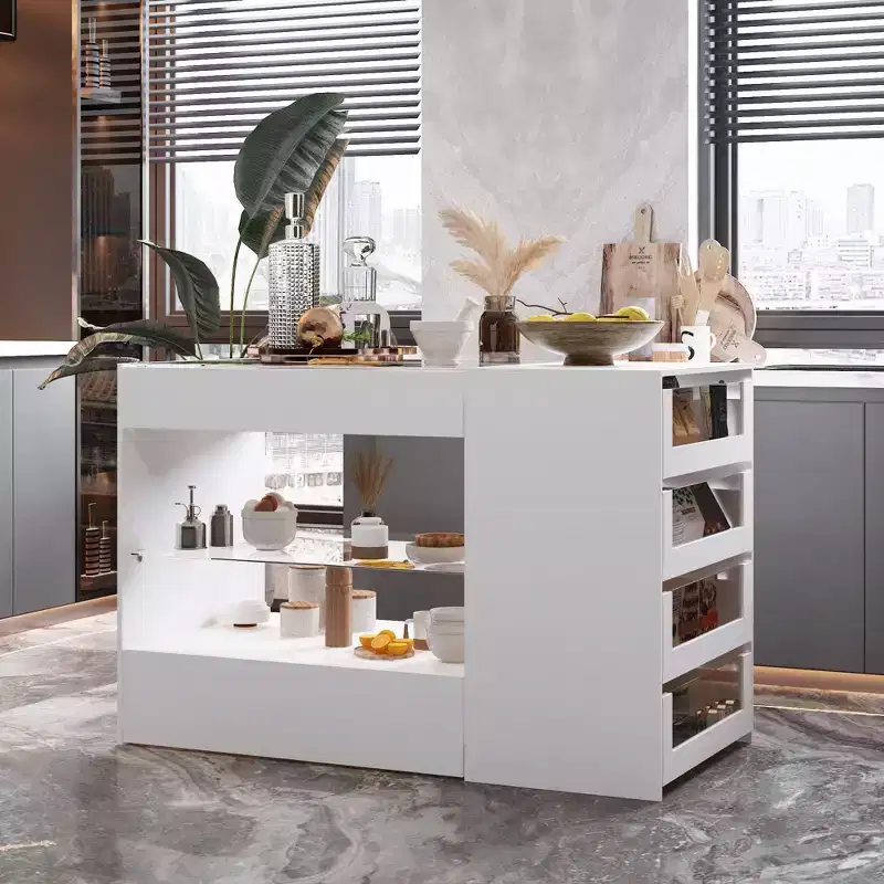 White Kitchen Island with 8 Drawers, Storage Shelves and Glass Top