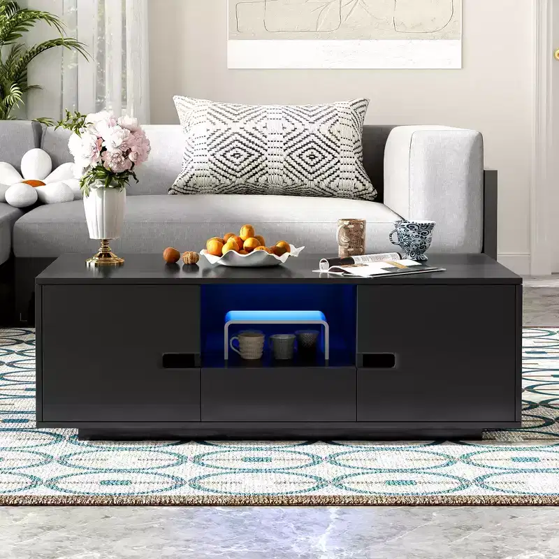 Modern LED Coffee Table, 16-Color Lighting & Storage Space in High Gloss Finish, Rectangle Accent Center Table for Living Room
