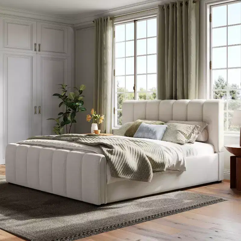 Christopher Knight Home Emi Modern Linen Upholstered Bed Frame With Thick Headboard and Rubberwood Legs