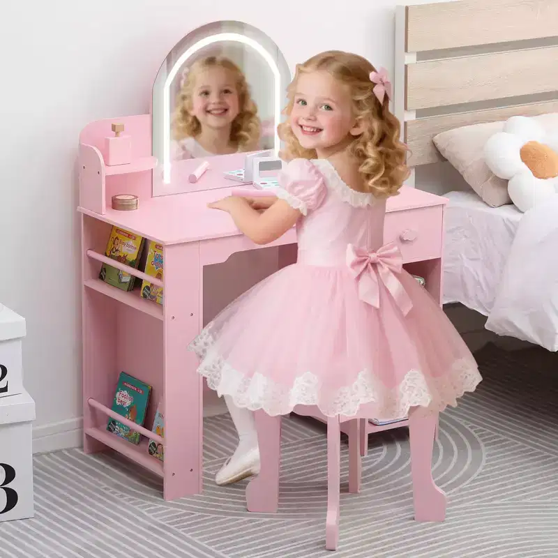 GustoWave Kids Vanity Set with Mirror, Stool, Bookshelf & Storage  Makeup Desk with Drawer & Shelves for Girls Ages 39