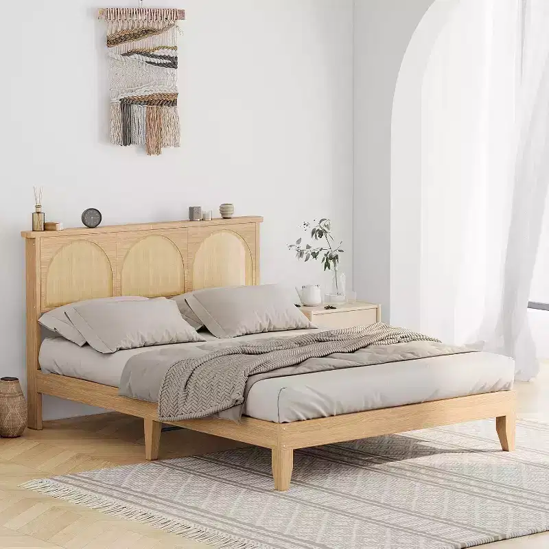 COZONY Boho Queen Bed Frame with Rattan Headboard & LED Lights, Wood Platform Bed