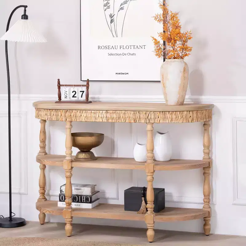 GDFStudio Tuttle Handcrafted Oval Wood Console Table with Carved Legs and 3-Tier Storage