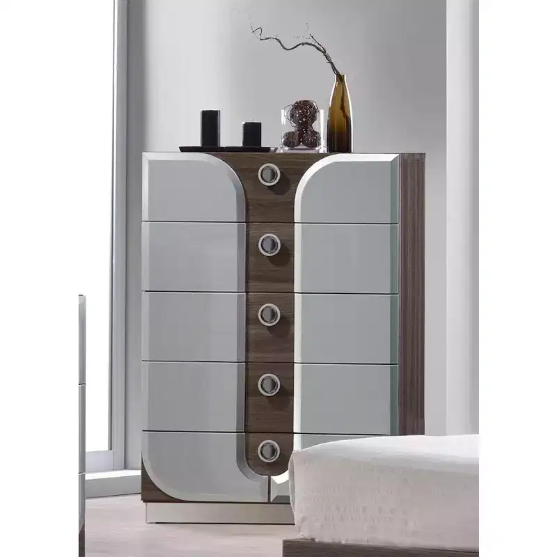 Modern 5-Drawer Chest, Zebra Wood & Silver Frame with Blue Mirror Handles