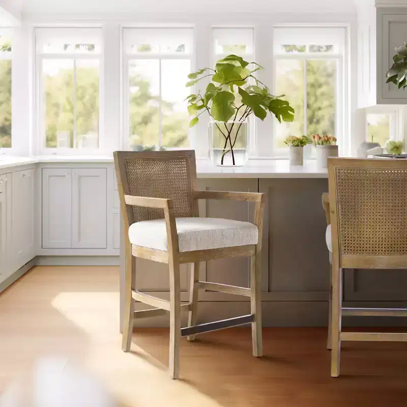 Cane Back Counter Height Barstool – Cream Seat, Reclaimed Wood Frame