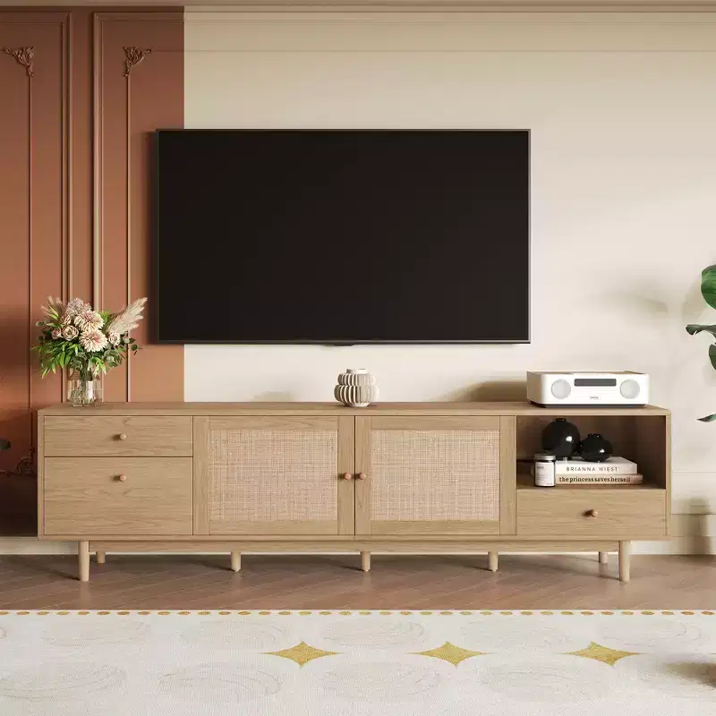 Boho TV Stand for TVs up to 85, TV Console Media Console TV Cabinet with Rattan Doors, Brown