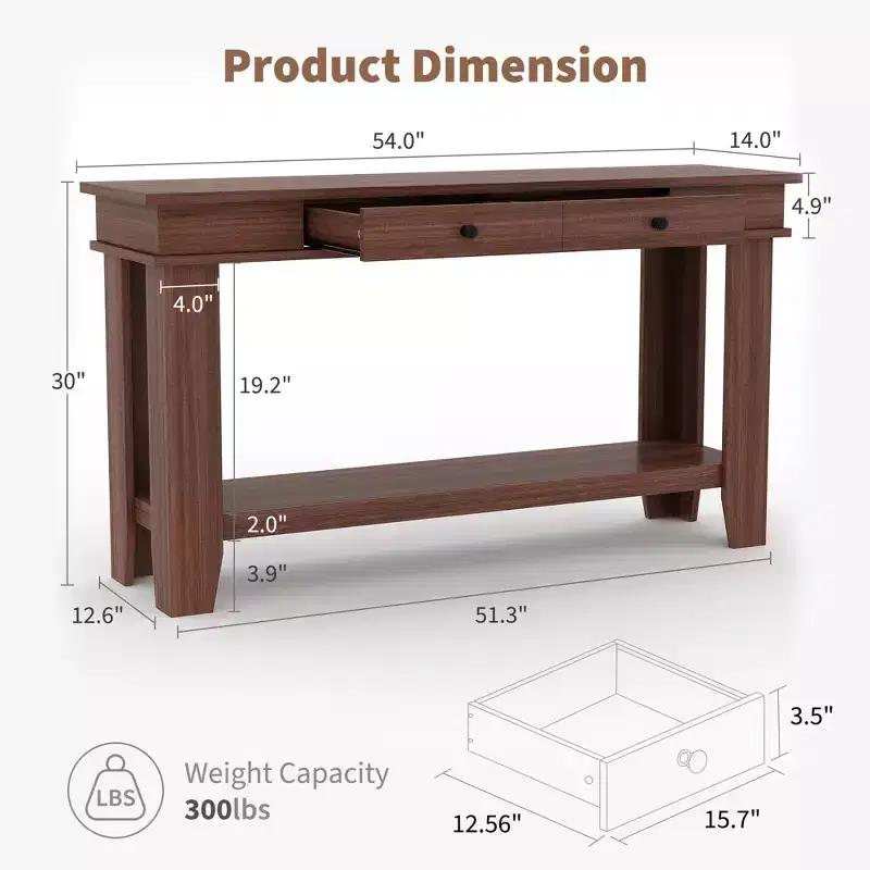 59-Inch Long Console Table, Wooden Entryway Table with 2 Drawers & Open Storage Shelf, Hallway, Living Room