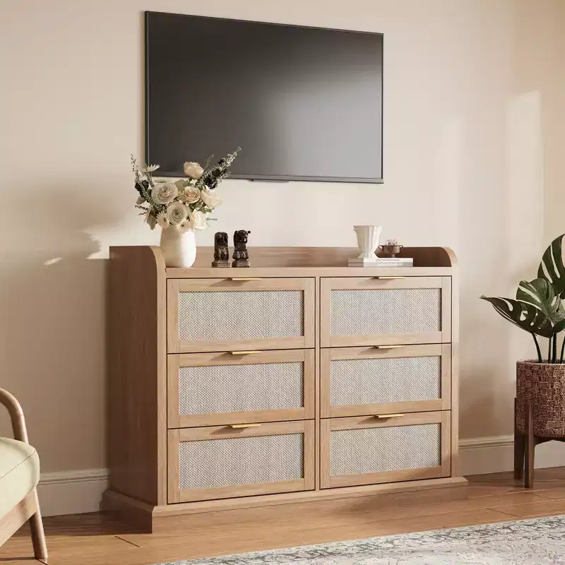 6 Drawer Dresser, Rattan Chest of Dressers with Ample Storage,Boho Chest of Drawers, Dresser Chest for Living Room/Closet/Bedroom, Brown