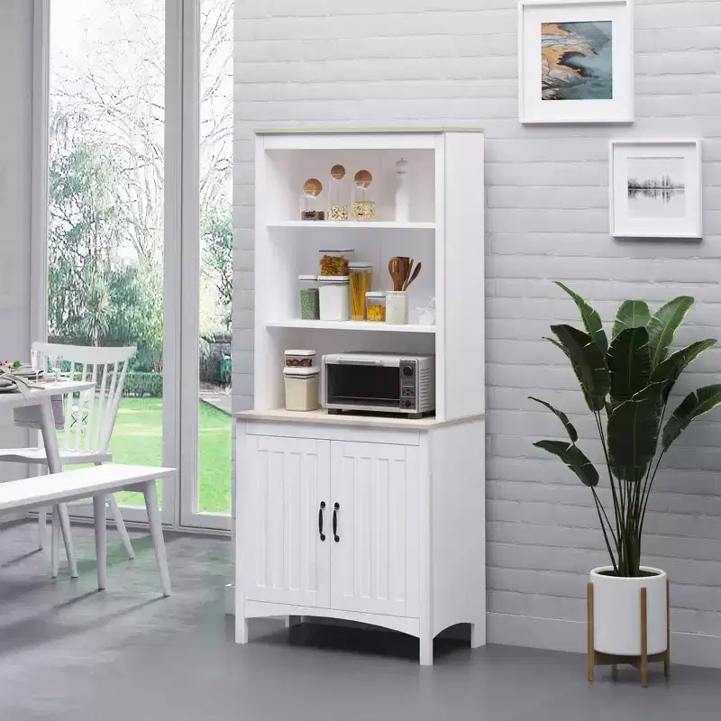 70 Kitchen Hutch, Freestanding Storage Pantry Cabinet with 3-Tier Shelving, Sideboard with Adjustable Shelves and Open Countertop
