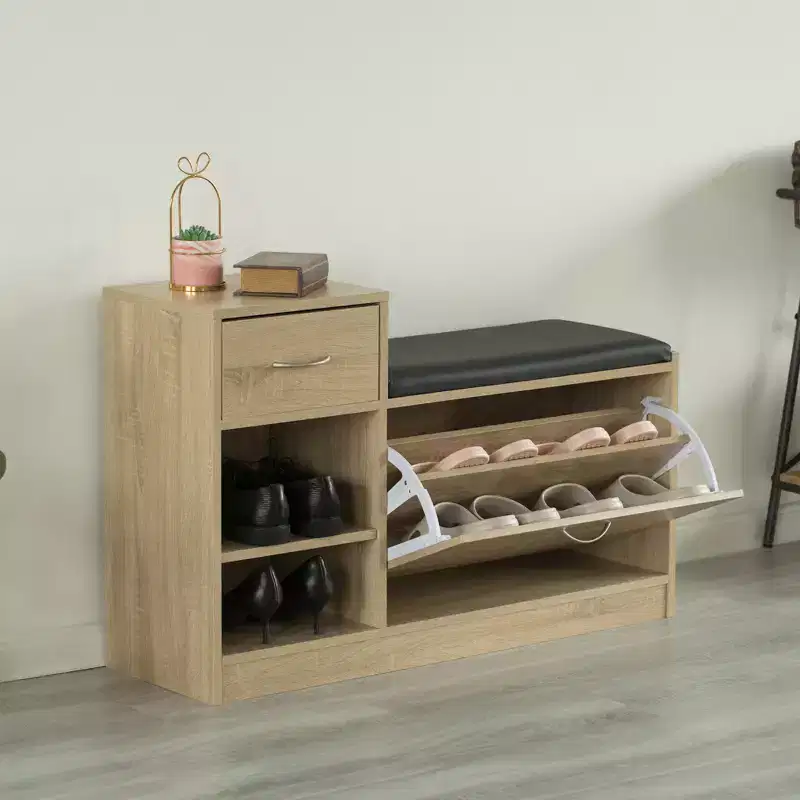 Basicwise Wooden Entryway Shoe Storage Bench with Cushion