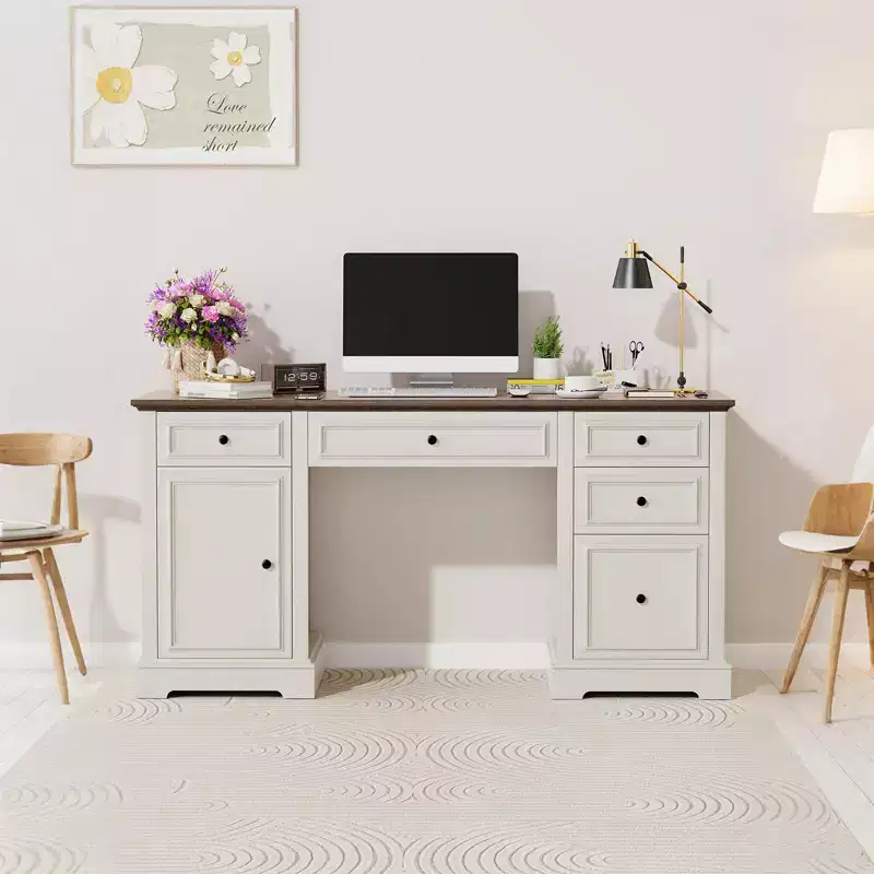 Dyonery 60 Farmhouse Executive Desk with Drawers and Cabinet, Embossed Texture Wood Home Office Desk, Rustic Computer Writing Desk, Brown